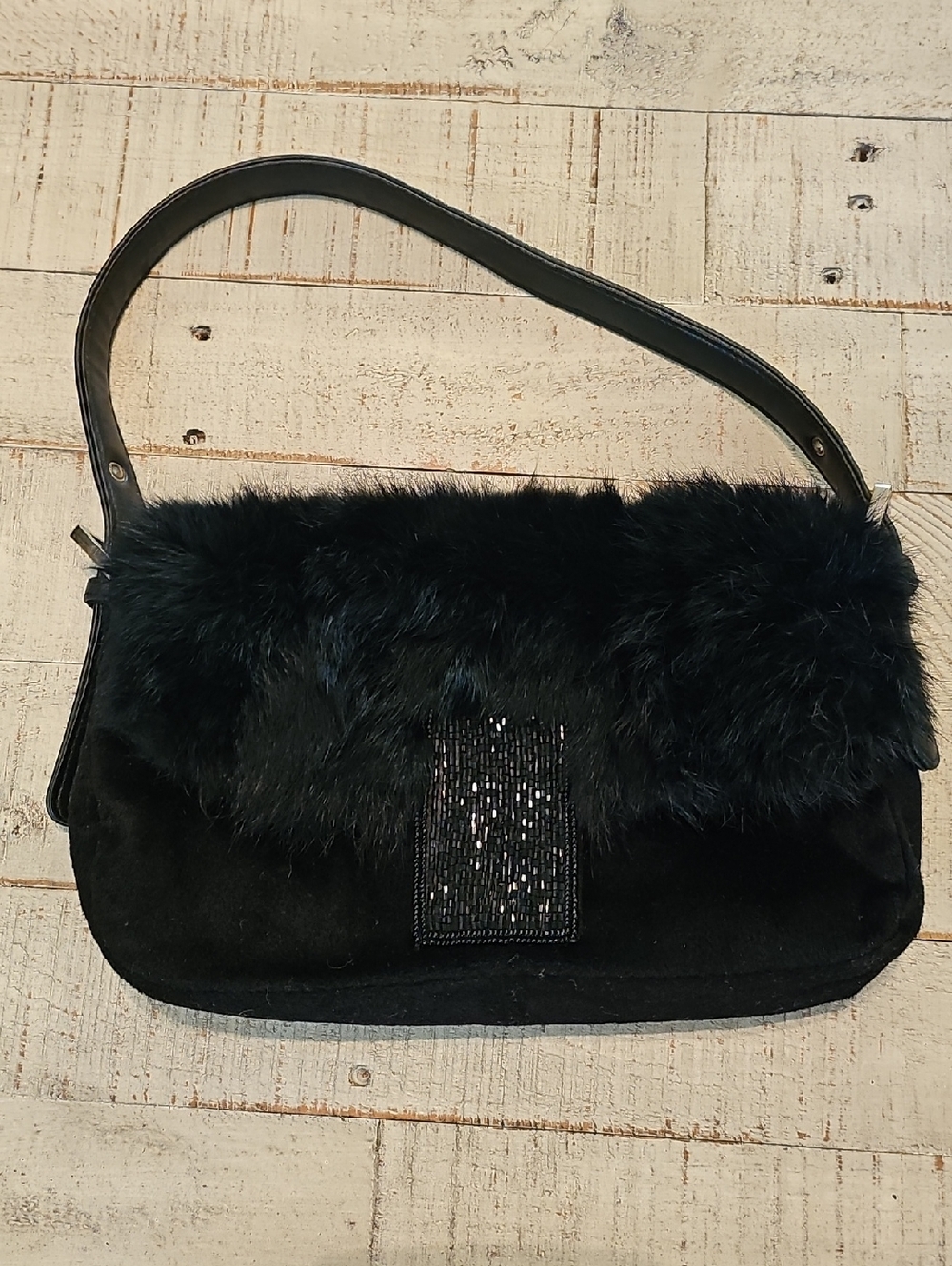 bebe VINTAGE Black Faux Fur Shoulder Clutch with Sequin Panel